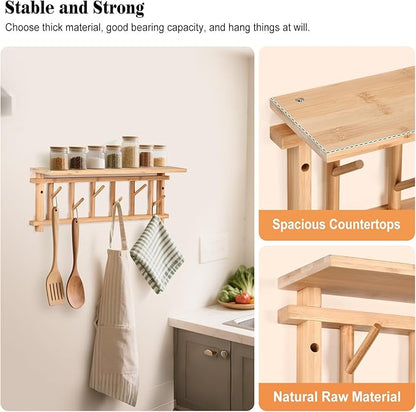 Coat Rack Wall-Mounted with Shelf Coat Hooks Wall Mount with Shelf Entryway Hanging Shelves with 6 Rotating Hooks for Hallway/Living Room/Bedroom/Kitchen (Bamboo)