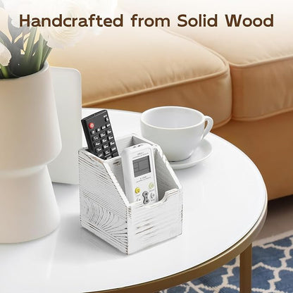 Remote Control Holder, TV Remote Holder, Wood Farmhouse Remote Caddy for Table, Remote Organizer Caddy with 3 Slots, Remote Storage Box for Home Office (Rustic White, 2 Slots)