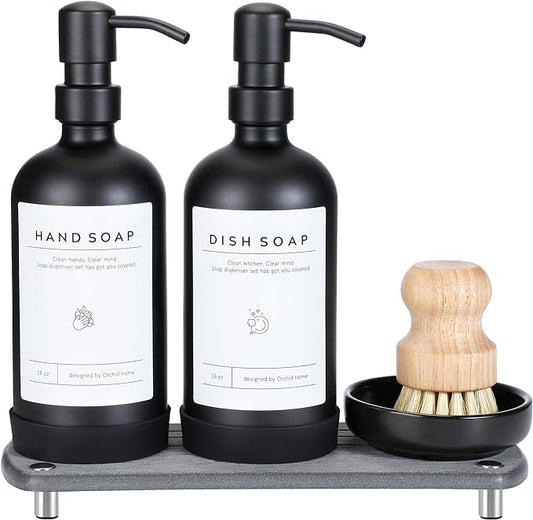 [Luxury] Kitchen Soap Dispenser Set - 16OZ Black Glass Bottle, Stainless Steel Pump, Instant Dry Tray, Waterproof Labels, Non-Slip Silicone Pad, and Dish Brush | Upgrade for Your Kitchen and Bathroom
