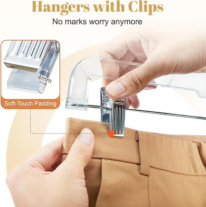 HOUSE DAY 12 Pack 14 inch Clear Plastic Skirt Hangers with Adjustable Clips, Pants Hangers 360-Rotating Swivel Hook, Clip Hangers for Pants, Trousers, Skirts, Jeans, Bulk Plastic Hangers