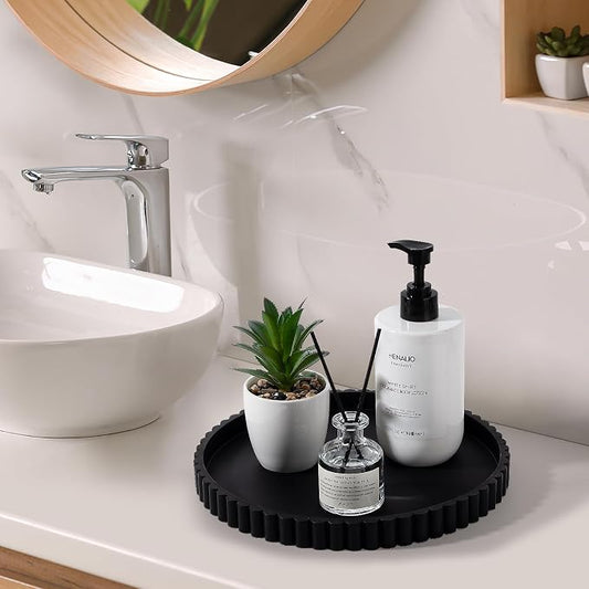 Round Bathroom Tray Silicone Kitchen Counter Decor Vanity Organizer Decorative Coffee Table Tray for Perfume, Candle, Soap Dish, 10 Inch, Black