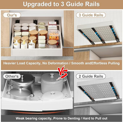 Pull out Cabinet Organizer,Expandable Width(11"-16"),Depth(13"-17") with 3 Rails,Roll out Drawers,No Drill Adjustable Slide out Shelves for Kitchen,Pantry,for Both Lip and Lip-Free Cabinets,White(1PC)
