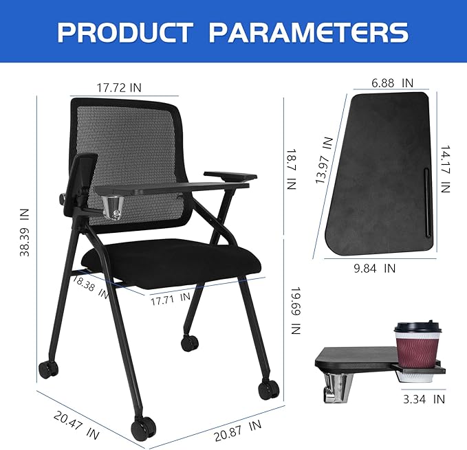 Updated Conference Room Chairs with Tablet Arm, Folding Office Desk Chair with Lumbar Support and Sliding Armrest with Casters, Stackable Office Guest Chairs & Reception Chairs, 1 Pack Black