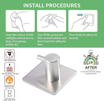 Silver Adhesive Towel Hooks Heavy Duty Stick on Wall Hooks Shower Hooks for Bathroom Kitchen Door-4 Packs