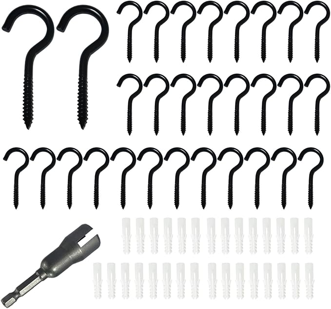 30 Pieces Stainless Steel Screw in Hooks for Hanging,Ceiling Hooks Cup Hook Screw for Hanging Christmas Lights LED Lights Outdoor Christmas Thanksgiving Decorations Indoor(Black,2.56")