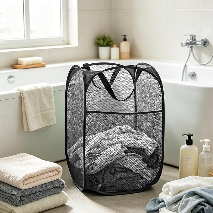 Larpur Popup Mesh Laundry Basket, Collapsible and Portable Clothes Washing Laundry Hamper with Reinforced Carry Handle (Black)