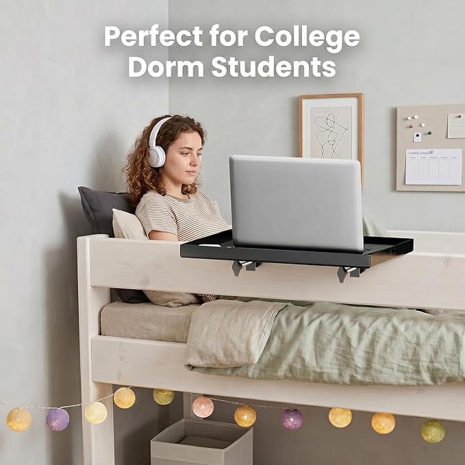 Bedside Shelf Metal, Metal Clip on Bedside Table Shelf for top bunk,Bedside Caddy for College Dorm Room Essentials for Guys(Black)