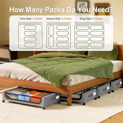 GoMaihe Under Bed Storage with Wheels: 48L Underbed Storage Containers with Lids - Rolling Bins for Shoes Clothes in Dorm Bedroom - Metal Drawers Easy Pull-out Grey 4-Pack