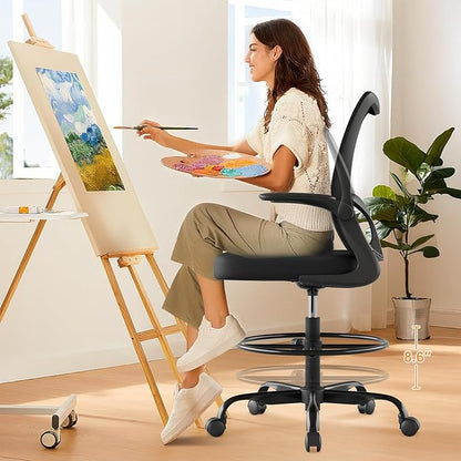 Tall Drafting Chair Ergonomic Home Office Desks Chairs Standing Desk Chair with Flip-up Armrests Adjustable Height Breathable Mesh Office Chair with Lumbar Support and Adjustable Footrest Ring Black