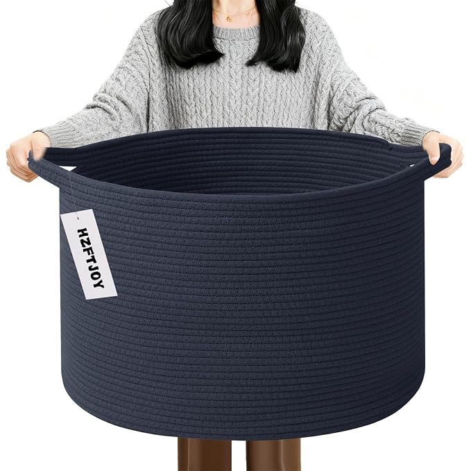 90L Extra Large Blanket Basket,Woven Rope Laundry Basket Hamper with Handles, Decorative Nursery Basket Storage Bin for Toys, Clothes Organizer, Living Room, Bedroom, Bathroom, Dark Blue