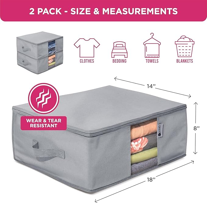 Cedar Clothes Storage Bag Organizer – Protects from Moths, Moisture, Dirt & Dust – Set of 2 Underbed Storage Bags for Clothes, Cashmere Sweaters, Bedding & More - Underbed Storage - Grey