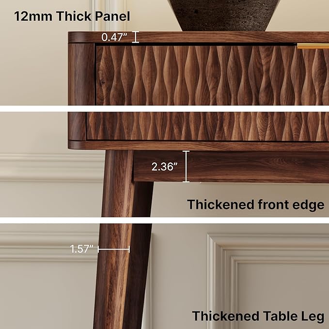 Console Table with Solid Wood Leg,Fluted Entryway Table with Storage Drawers, Mid-Century Modern Narrow Console Table for Living Room,Hallway,Walnut