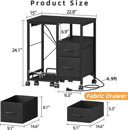 YAOHUOO Printer Stand with Power Outlet/Fabric Drawers, Printer Cabinet with Storage Shelf and Rolling Shredder Stand, Printer Table for Home Office, 22.8"×15" Black