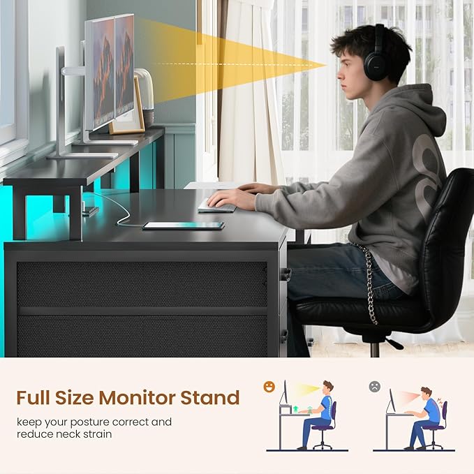 SEDETA Computer Desk with 5 Drawer, Power Outlet & Led Lights, 66'' Home Office Desk with File Drawer, Storage, Monitor Shelf, Gaming Desk, Black