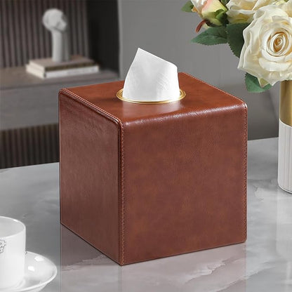 MEIBOOCH Square Tissue Box Cover, Luxury PU Leather Tissue Holder with Magnetic Closure (Brown)