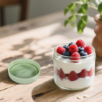 SHOWIN Overnight Oats Containers with Lids, 10oz Glass Jars with Lids 2 pcs, Light Green, Wide Mouth Mason jars for Salad, Yogurt, Snacks, Meal Prep