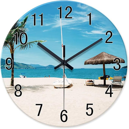 XFM Beach Wall Clock 14 Inch Silent Wall Clocks Battery Operated Blue Tropical Hawaii Coastal Wall Clock for Living Room Bedroom Home Office Decor