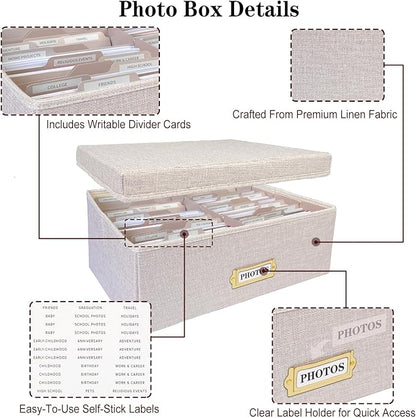 Sprsthai Linen Photo Storage Box – Holds 1700 Photos, 24 Adjustable Dividers & 72 Labels Multi-Use Organizer for Photos, Envelopes, Recipes Beige