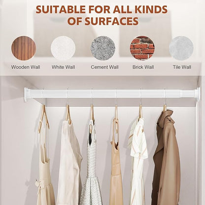 Closet Rods for Hanging Clothes, 17-70 Inch Stepless Adjustable Closet Rod, 1.3 Inch Heavy Duty Metal Clothes Hanging Rod, Expandable Closet Bar Hanger Rod for Closet Wardrobes Laundry RV White
