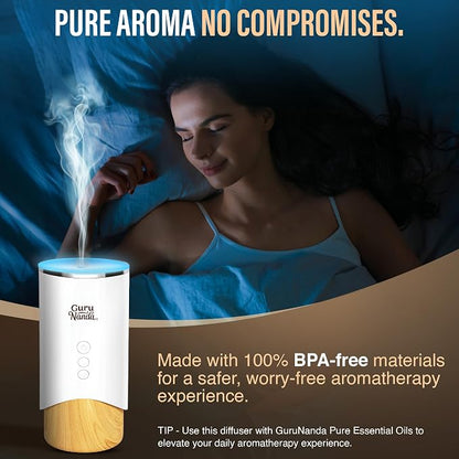GuruNanda Calm Aura Essential Oil Diffuser, Sleek Modern Corded Electric Aromatherapy Diffuser with Turbo & Mist Modes, Auto Shut-Off Safety, Covers 250 Sq Ft, White, 100 ml