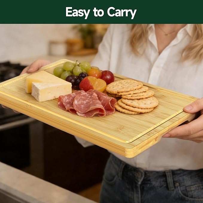 3-Piece Set Bamboo Cutting Board for Kitchen - Crack-Resistant Wood Chopping Boards with Deep Juice Grooves, Pre-Oiled Butcher Block for Meat, Vegetables & Cheese, Natural