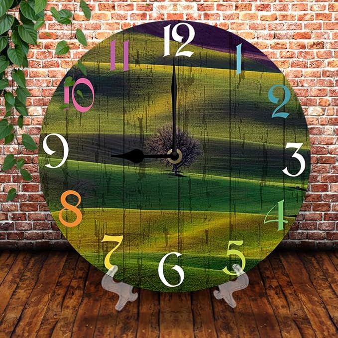 Grass Wall Clock 10 Inch Wooden Battery Operated Autumn Forest Maple Leaves Wall Clocks Decorative Indoor,Decorative for Kitchen Bathroom Bedroom