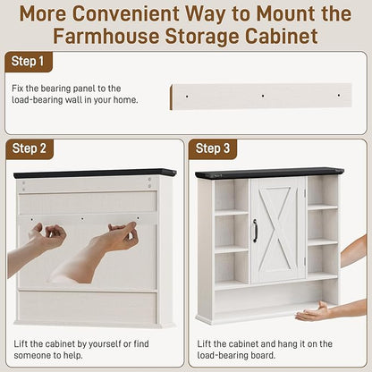 Bathroom Wall Cabinet, Farmhouse Medicine Cabinet with Adjustable Shelves and Barn Doors, Large Wall Mounted Over the Toilet Storage Cabinet for Bathroom, Laundry Room, Kitchen, Rustic White and Black