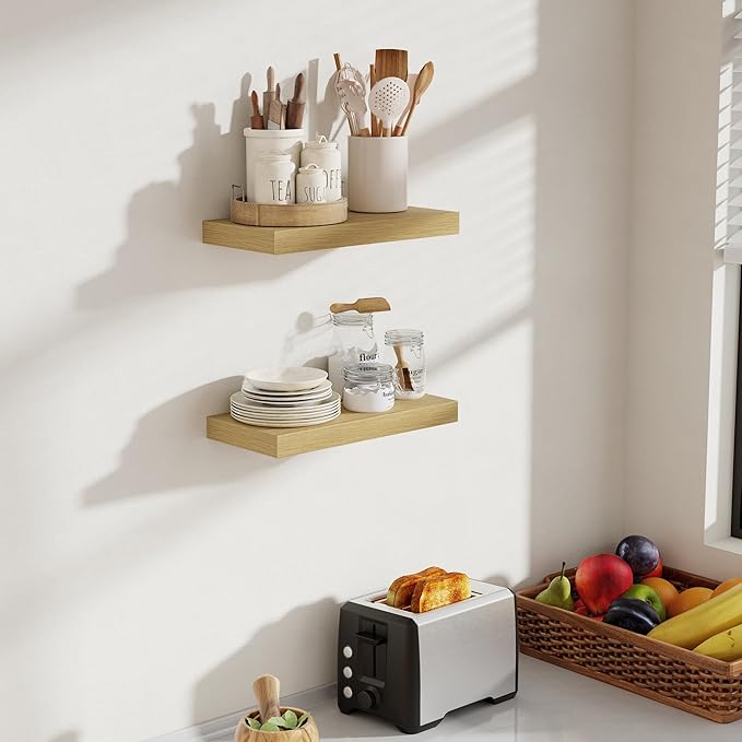 Acovy 16 Inch Floating Shelves, 8 Inch Deep Floating Shelves for Wall, Hanging Shelf with Invisible Brackets, Deep Shelves for Bathroom, Bedroom, Living Room, Oak, Set of 2