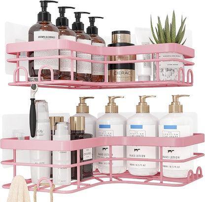 Sakugi Corner Shower Caddy - 2 Pack, Adhesive Shower Organizers, Rustproof Stainless Steel Shower Shelves with 8 Hooks, No Drilling Bathroom Organizers and Storage Racks, Space-Saving, Pink, X-Large