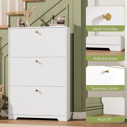 Nicetree Shoe Cabinet with 3 Flip Drawers, Narrow Shoe Organizer Cabinet, Freestanding Shoe Rack Cabinet, Modern Shoe Storage Cabinet for Entryway, Hallway, Foyer, White