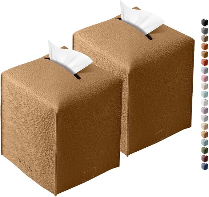 Tclouda Tissue Box Cover for PU Leather, Modern Simple Solid Color Holder Square Tissue Bag, Ideal for Bathrooms,Office,Car,Nightstand,Outdoor Tent,Dining Table,5"X5"X5", Double Bronze