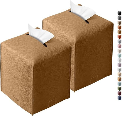 Tclouda Tissue Box Cover for PU Leather, Modern Simple Solid Color Holder Square Tissue Bag, Ideal for Bathrooms,Office,Car,Nightstand,Outdoor Tent,Dining Table,5"X5"X5", Double Bronze