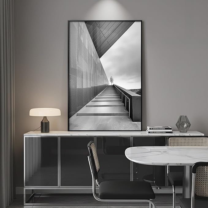 Framed Modern Black and White Wall Art, Contemporary Cityscape Photography Prints Paintings for Walls, Minimalist Geometric Architecture Pictures for Living Room Bedroom Hallway Home Decor 24x36 In