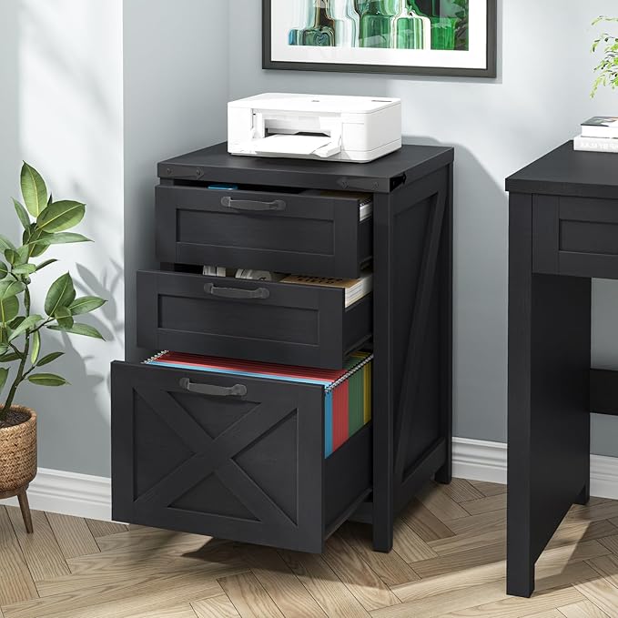 Halitaa 3 Drawer Small File Cabinet, Farmhouse Vertical Filing Cabinet Fits Letter and A4 Size, Under Desk Wooden File Cabinets for Home Office, Printer Stand, Black