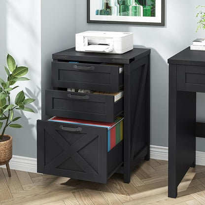 Halitaa 3 Drawer Small File Cabinet, Farmhouse Vertical Filing Cabinet Fits Letter and A4 Size, Under Desk Wooden File Cabinets for Home Office, Printer Stand, Black