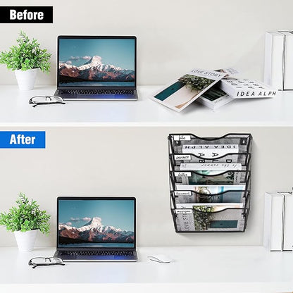 Wall File Organizer 5 Pockets, Mail Organizer, Hanging Folder Holder, Foldable | Hanging or Wall Mounted | Label Panel | 2 Hooks | Office Home School Organizer, Black