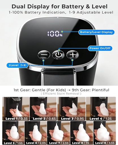 Automatic Foaming Soap Dispenser Touchless, USB Rechargeable Smart Hand Soap Dispenser, 9-Level Adjustable, 13.5oz/400mL,IPX5 Waterproof, Wall/Tabletop Kitchen Bathroom, Black