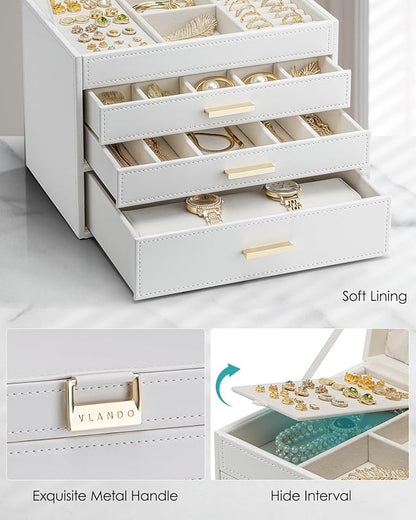 VLANDO 4 Layer Large Jewelry Box - Jewelry Holder Organizer, Jewelry Box Organizer for Drawer Necklace Ring Bracelet and Watch, Birthday Gift for Loved Ones - White