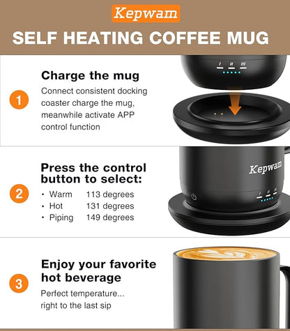 Kepwam Self-Heating Coffee Mug T1, 16oz Rechargeable Heated Coffee Mug, Smart Coffee Warmer Mug with App-Controlled,Advanced Temperature-Controlled Heating Coffee Gifts for Women Men Coffee Lover