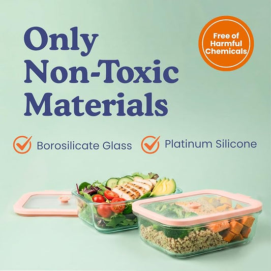 Ziruma Non-Toxic Glass Food Containers with Lids, 4-Pack, Multi-Size, Beige | Plastic & BPA free. Glass body, glass lid & platinum silicone seal. Airtight & leakproof. Freezer & microwave safe.