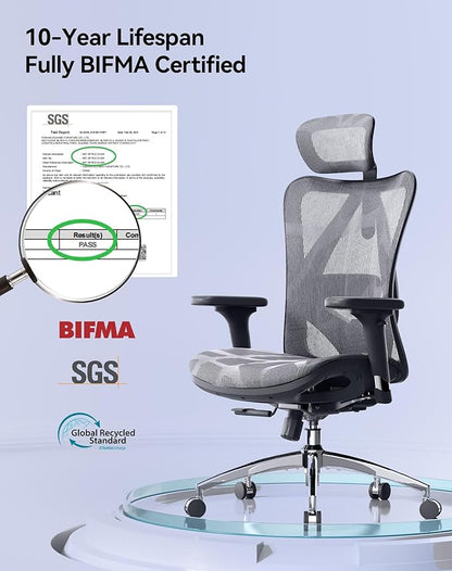 SIHOO M57 Ergonomic Mesh Office Chair, High Back Home Desk Chair with 3D Armrests, Lumbar Support and Adjustable Headrest, Comfortable Computer Chair, Big & Tall Office Chair Hold 330 LBS-Grey