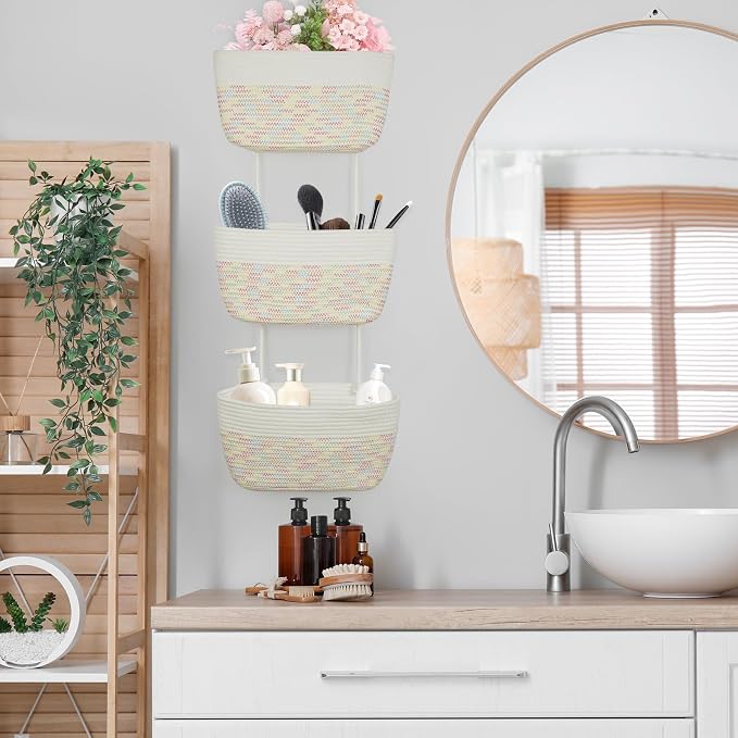 TeoKJ Over the Door Hanging Basket, 3-Tier Woven Cotton Wall-Mounted Storage Organizer Bag Decorative Hanging Nursery Baskets, White & Rainbow Stitching