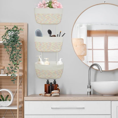 TeoKJ Over the Door Hanging Basket, 3-Tier Woven Cotton Wall-Mounted Storage Organizer Bag Decorative Hanging Nursery Baskets, White & Rainbow Stitching