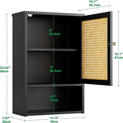 Bathroom Wall Cabinet, Bamboo Over-The-Toilet Storage Organizer with Rattan Doors and Adjustable Shelf, Space Saver Medicine Cabinet for Laundry, Kitchen, Living Room (Black)