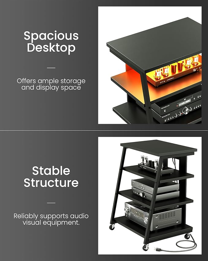 CHOEZON 4-Tier AV Media Stand with Wheels, Stereo Stands, Media Console Shelf with Power Strips, LED Lights, Wooden Audio Cabinet Rack Tower for Record Player/Apple TV/ps4, Black TCJ60UDBB