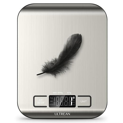 Ultrean Food Scale, Digital Kitchen Scale with LCD Display, Weight Grams and Ounces for Baking Cooking and Meal Prep, 6 Units with Tare Function, 304 Stainless Steel, 11lb (Batteries Included)