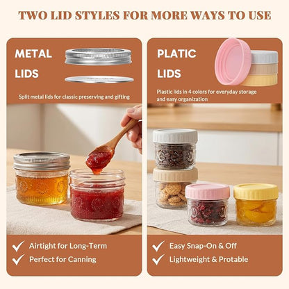 CycleMore 4 oz Glass Mason Jars – 24-Pack Small Canning Jars with Regular Mouth & Two Sets of Lids (24 Metal + 24 Plastic) – for Jam, Jelly, Spices, Overnight Oats, Wedding Favors