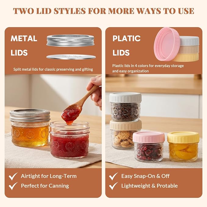 CycleMore 4oz Mason Jars, 12 Pack SunFlower Jar With Silver Separable Lids & Colorful Plastic Lids, Mini Canning Jars for Honey, Jam, Jelly, Wedding Favors, Kitchen Food Storage