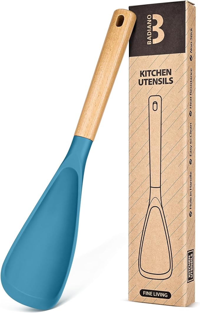 Cooking Spoon for Nonstick Cookwares, Great for Cooking and Serving Sturdy BPA-Free Matte Silicone, Wood Handle Spoon for Mixing, Scoop, and Scrape (TURQ, 13.4 inch)