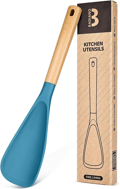 Cooking Spoon for Nonstick Cookwares, Great for Cooking and Serving Sturdy BPA-Free Matte Silicone, Wood Handle Spoon for Mixing, Scoop, and Scrape (TURQ, 13.4 inch)
